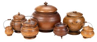 Seven Round Treenware Lidded Boxes