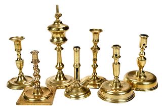 Set of Six Brass Candlesticks and One Oil Lamp