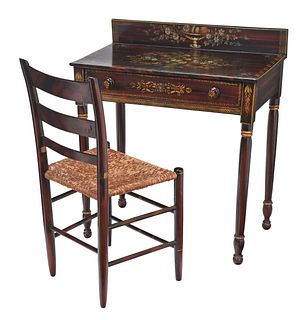 American Classical Style Stenciled and Grain Painted Writing Desk and Side Chair