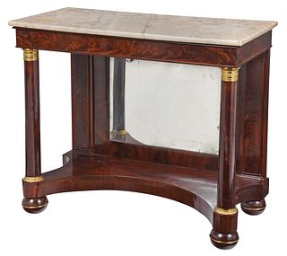 American Classical Bronze Mounted Figured Mahogany and Marble Top Pier Table