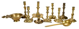 Group of 11 Brass Candlesticks and Table Objects