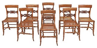 Set of Eight Classical Carved Tiger Maple Dining Chairs