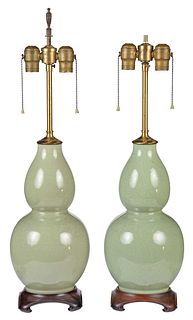 Pair of Chinese Celadon Glazed Double Gourd Vases as Lamps