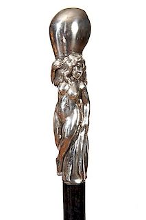 76. Sterling Nude Dress Cane- 20th Century- A high relief casting of a full frontal nude , handle is signed sterling, ebony s