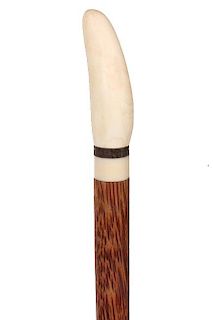 92. Nautical Tooth Cane- Ca. 1890- A well patinated tooth handle, baleen spacer, coconut palm shaft and a bone ferrule. H.- 3