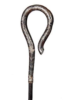 165. Silver Dress Cane- Ca. 1875- A silver plated handle which has a bright cut design and small dings which are not annoying