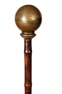 173. Defensive Cane- Ca. 1920- A heavy 3” brass ball handle which would double as a deadly weapon when attacked, dark bambo