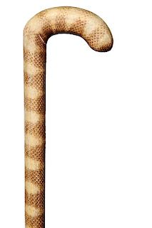 175. Snakeskin Cane- 20th Century- A fully covered hardwood shaft of an exotic snakeskin and a rubber stopper. O.L.- 31 ½”