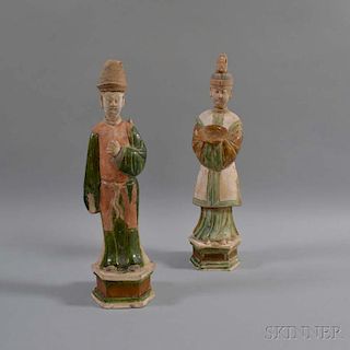Two Ming-style Polychrome Pottery Figures 明式三彩人物泥塑一組