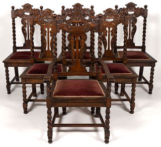 SET OF SIX AMERICAN OR ENGLISH CARVED OAK JACOBEAN-STYLE DINING CHAIRS