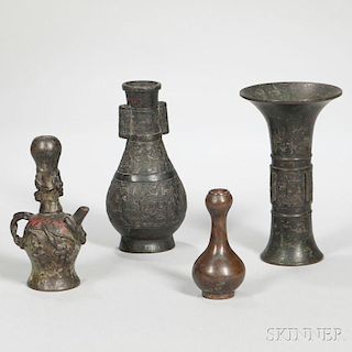 Three Bronze Vases and an Ewer 銅質花觚花瓶壺一組