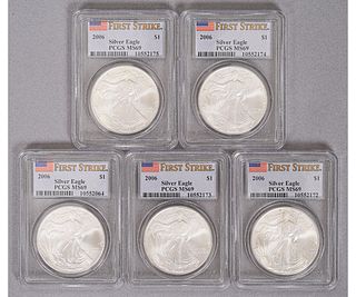 FIVE SILVER EAGLE LIBERTY ONE DOLLAR COINS