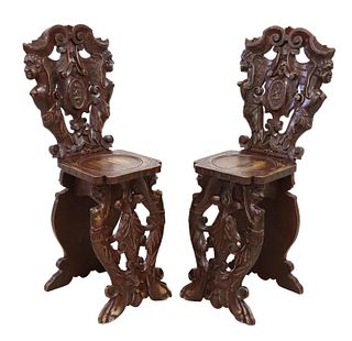 2) RENAISSANCE REVIVAL HERALDIC CARVED HALL CHAIRS