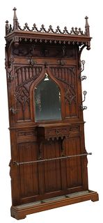 FRENCH GOTHIC REVIVAL CARVED OAK HALL TREE