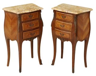 2) LOUIS XV STYLE MARBLE-TOP MARQUETRY NIGHTSTANDS