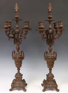 (2) FRENCH PATINATED METAL FIVE-LIGHT CANDELABRA