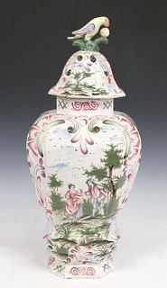 LARGE FRENCH POLYCHROME FAIENCE VASE & COVER