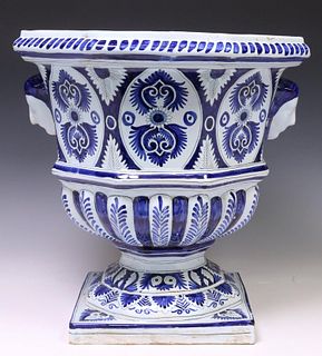 FRENCH BLUE & WHITE FAIENCE URN-FORM JARDINIERE