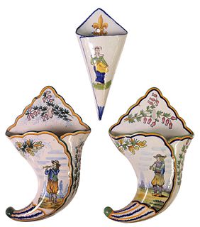 (3) FRENCH QUIMPER FAIENCE POTTERY WALL POCKETS