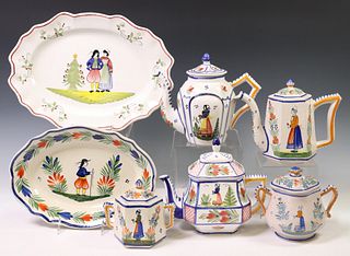 7) QUIMPER FAIENCE POTTERY TEAPOTS & SERVICE TRAYS
