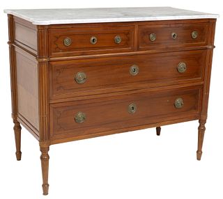 LOUIS XVI STYLE MARBLE-TOP INLAID MAHOGANY COMMODE