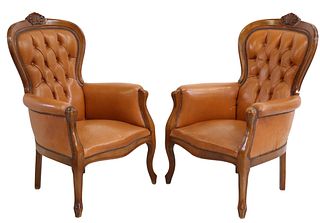 (2) ITALIAN BUTTON-TUFTED LEATHER ARMCHAIRS