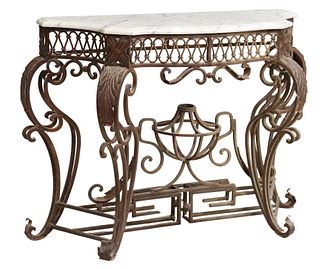 MARBLE-TOP WROUGHT IRON CONSOLE TABLE