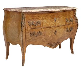 LOUIS XV STYLE MARBLE-TOP BOMBE MARQUETRY COMMODE