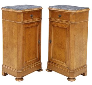 (2) ITALIAN MARBLE-TOP MAPLE BEDSIDE CABINETS