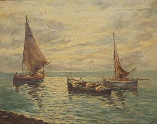SIGNED OIL ON CANVAS PAINTING FISHING BOATS