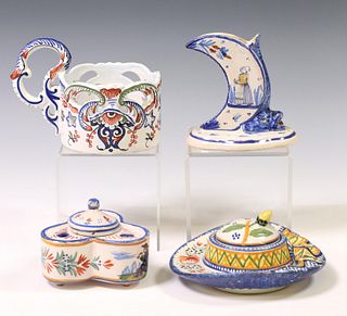 (4) FRENCH QUIMPER INKWELLS & FAIENCE CHAMBERSTICK