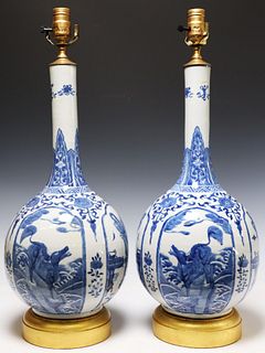 2) CHINESE BLUE & WHITE PORCELAIN VASE TABLE LAMPS