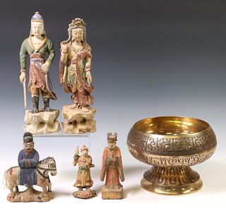 (6) CHINESE CARVED FIGURES & KOREAN BRASS BOWL
