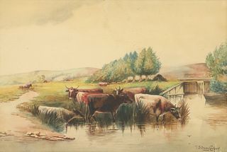 FRAMED WATERCOLOR PAINTING CATTLE WATERING