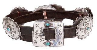 NATIVE AMERICAN SILVER & TURQUOISE CONCHO BELT