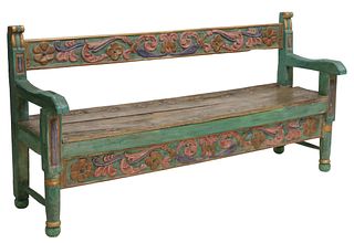 RUSTIC CARVED & POLYCHROME PAINTED BENCH