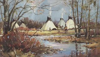 FRAMED GOUACHE PAINTING NATIVE AMERICAN CAMP