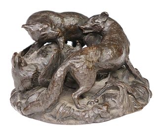 PATINATED BRONZE SCULPTURE FOXES HUNTING ROOSTER