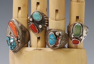 (4) NATIVE AMERICAN SILVER TURQUOISE & CORAL RINGS