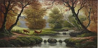 FRENCH SCHOOL OIL PAINTING DEER AT THE STREAM