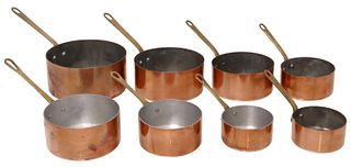 (8) FRENCH COPPER & BRASS GRADUATED SAUCEPANS