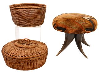 (3) NATIVE AMERICAN WOVEN BASKETS & COW HORN STOOL