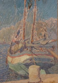 FRENCH SCHOOL OIL ON BOARD PAINTING SAILBOAT