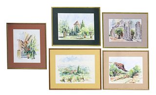 (5) SIGNED FRENCH WATERCOLOR PAINTINGS LANDSCAPES