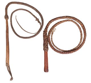 (2) VINTAGE BRAIDED LEATHER BULL WHIPS