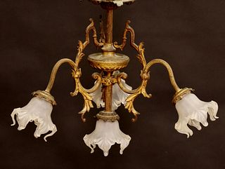 FRENCH GILT METAL & FROSTED GLASS 4-LT CHANDELIER