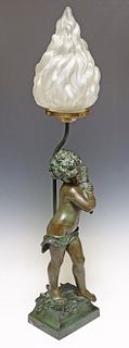 FRENCH PAINTED METAL CUPID LAMP AFTER MOREAU