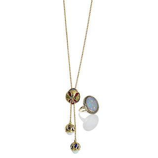 ART DECO ENAMELED 14K GOLD AND OPAL JEWELRY