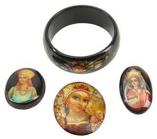 (4) RUSSIAN LACQUERED & MOP INLAID ESTATE JEWELRY