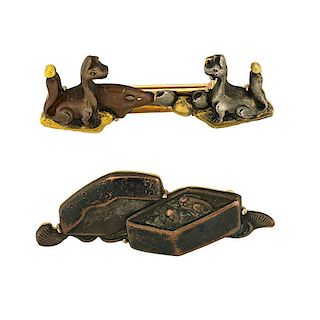TWO MEIJI MIXED METAL, 14K GOLD BROOCHES